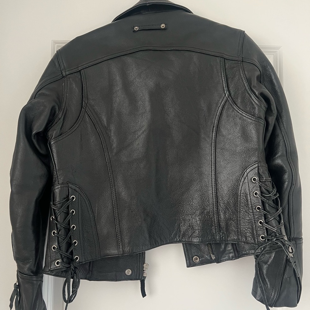 Women's Classic Black Leather Jacket with Lace-Up Detail